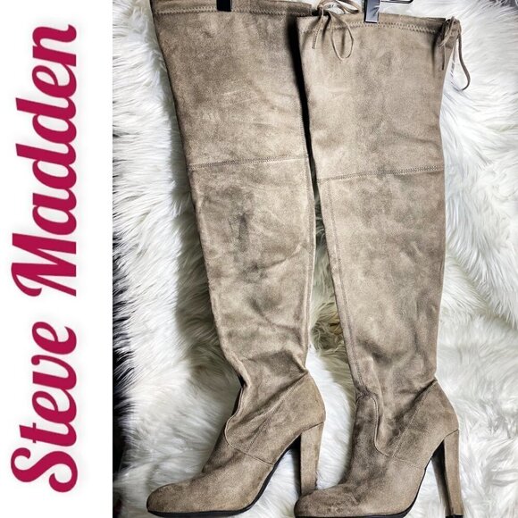 STEVE MADDEN “Gorgeous” Taupe Gray Over-The-Knee Faux Vegan Suede Boots, Sz 8.5 - Picture 2 of 12